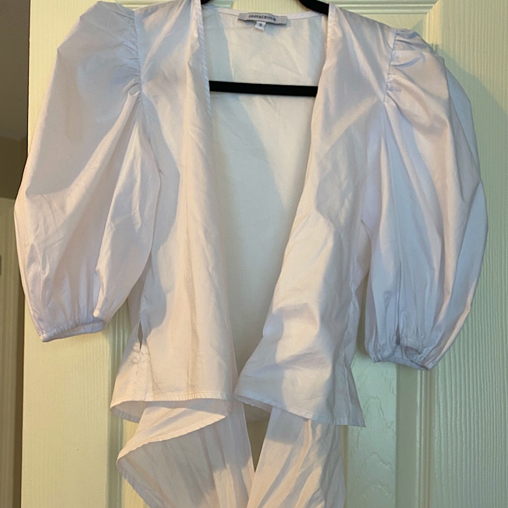 Olivaceous white puff sleeve wrap top